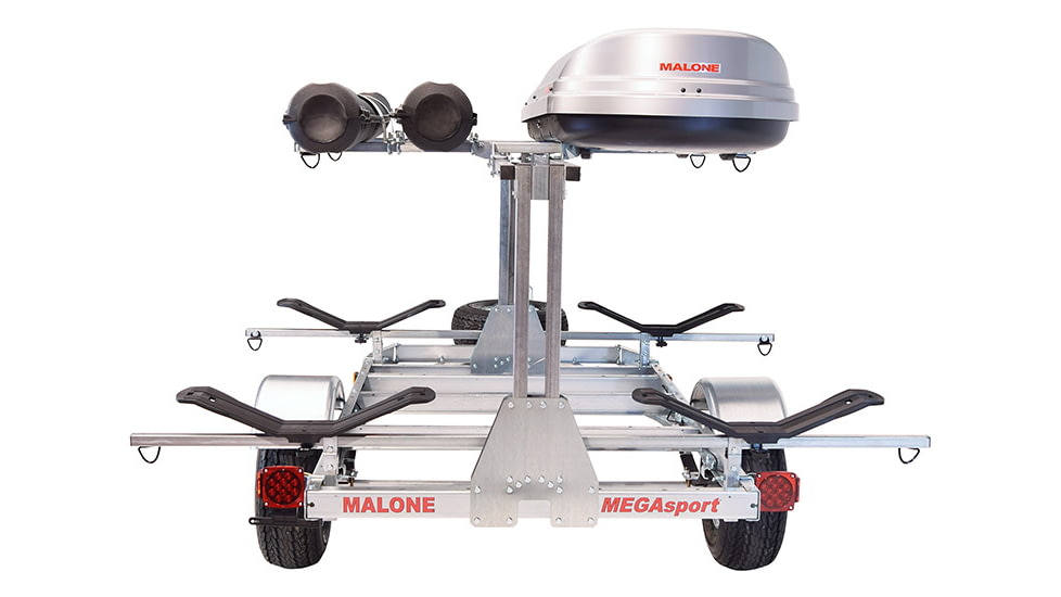 Malone Auto Racks Mega LowBed Trlr w/Tier, Spare, 2 Sets MegaWings, Cargo Box, 2 Rod Tubes, MPG550-LBM