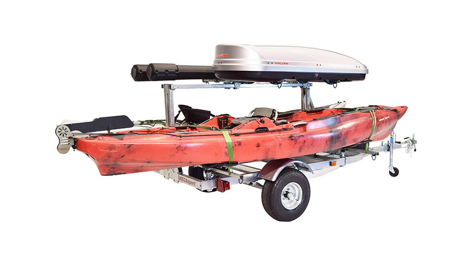 Malone Auto Racks Mega LowBed Trlr w/Tier, Spare, 2 Sets MegaWings, Cargo Box, 2 Rod Tubes, MPG550-LBM