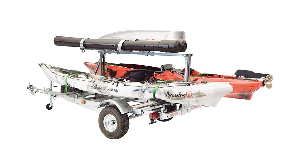 Malone Auto Racks Mega LowBed Trlr w/Tier, Spare, 2 Sets MegaWings, Cargo Box, 2 Rod Tubes, MPG550-LBM