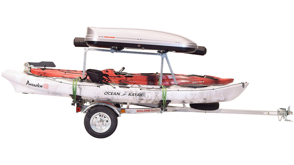 Malone Auto Racks MicroSport LowBed 2 Kayak Trailer Package, 2 Sets MegaWing, Cargo Box, Rod Tube, Spare Tire, MPG464-LBTM