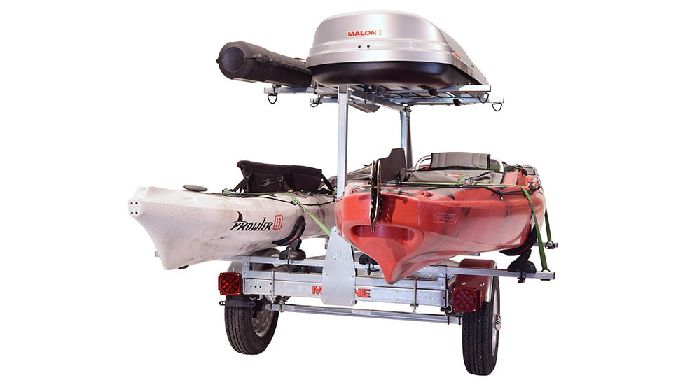 Malone Auto Racks MicroSport LowBed 2 Kayak Trailer Package, 2 Sets Saddle Up, Cargo Box, Rod Tube, Spare Tire, MPG464-LBTS