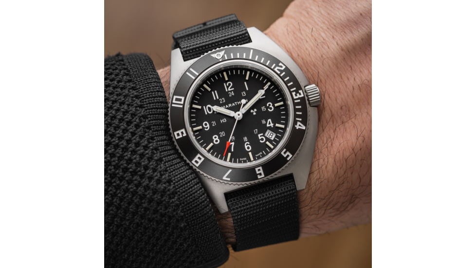 Marathon Steel Navigator Watch w/ Date SSNAV-D On Ballistic Nylon, Strap Length 12in, Black, 41 mm, WW194013SS-0102