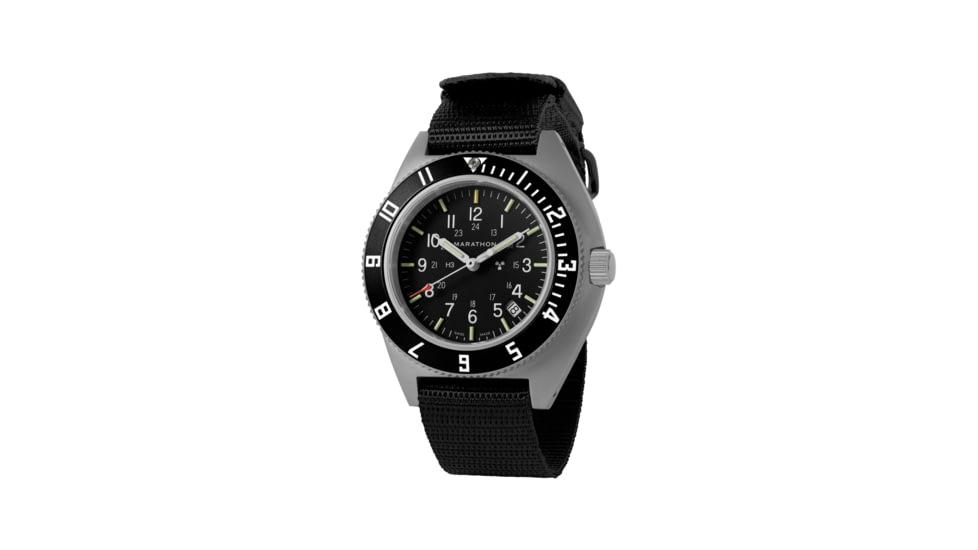 Marathon Steel Navigator Watch w/ Date SSNAV-D On Ballistic Nylon, Strap Length 12in, Black, 41 mm, WW194013SS-0102
