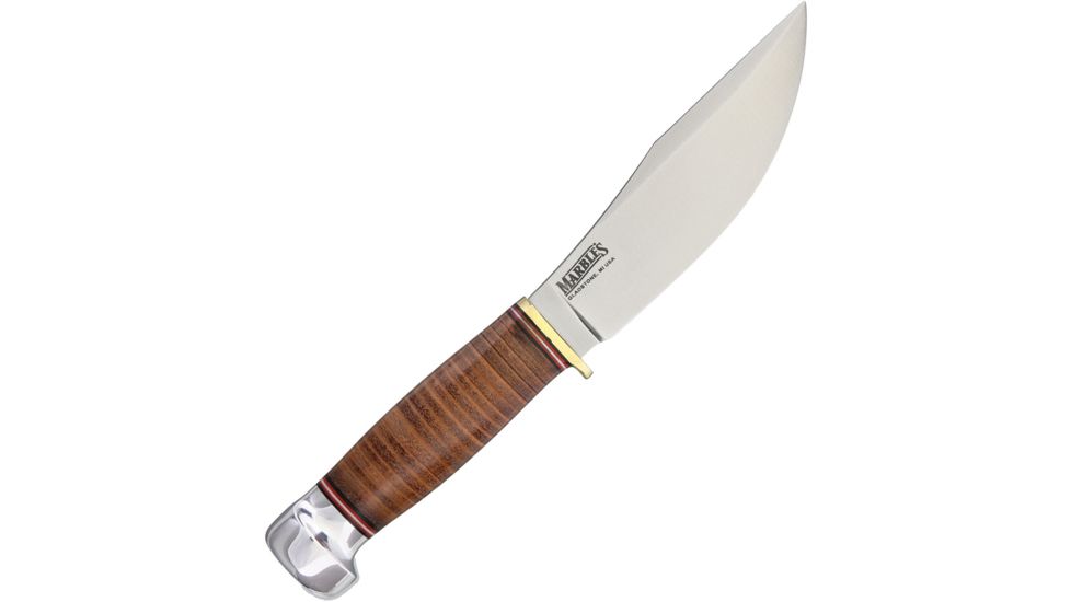 Marbles 100th Anniversary Woodcraft Fixed Blade Knife, 4.5in, Stainless Steel, Standard Edge, Satin, Stacked Leather Handle MR423