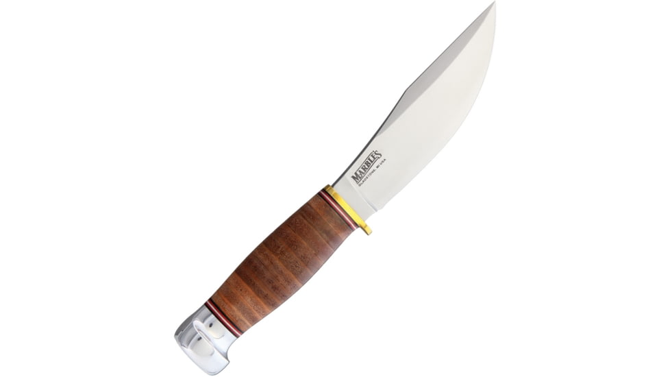 Marbles 100th Anniversary Woodcraft Knife, 8.38in Overall, 4.5in Satin SS Blade, Stacked Leather Handle, Brass Guard, Woodcraft Blade Etch, Brown Leather Sheath, MR423E