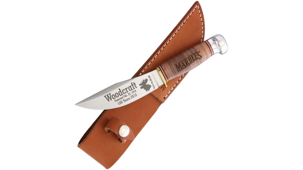 Marbles 100th Anniversary Woodcraft Knife, 8.38in Overall, 4.5in Satin SS Blade, Stacked Leather Handle, Brass Guard, Woodcraft Blade Etch, Brown Leather Sheath, MR423E