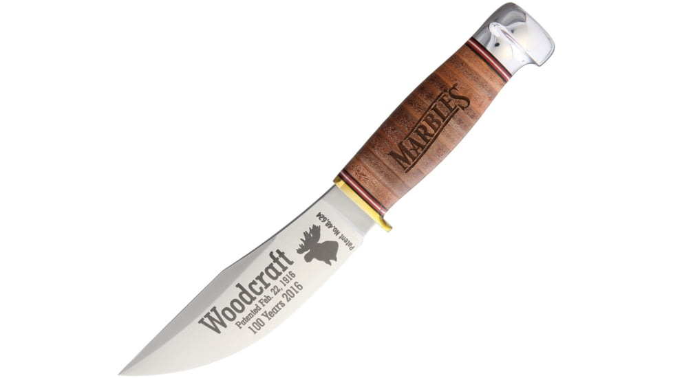 Marbles 100th Anniversary Woodcraft Knife, 8.38in Overall, 4.5in Satin SS Blade, Stacked Leather Handle, Brass Guard, Woodcraft Blade Etch, Brown Leather Sheath, MR423E