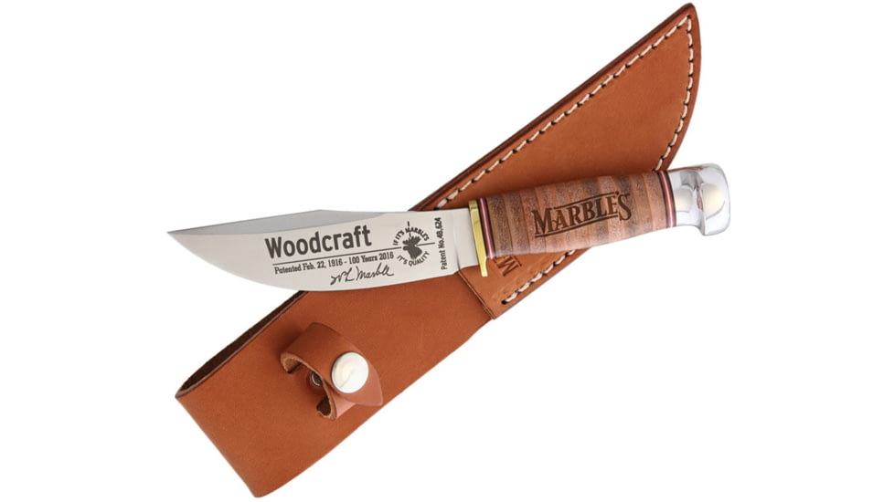 Marbles 100th Anniversary Woodcraft Knife, 8.38in Overall, 4.5in Satin SS Blade, Stacked Leather Handle, Brass Guard, Woodcraft Signature Blade Etch, Brown Leather Sheath, MR423ES