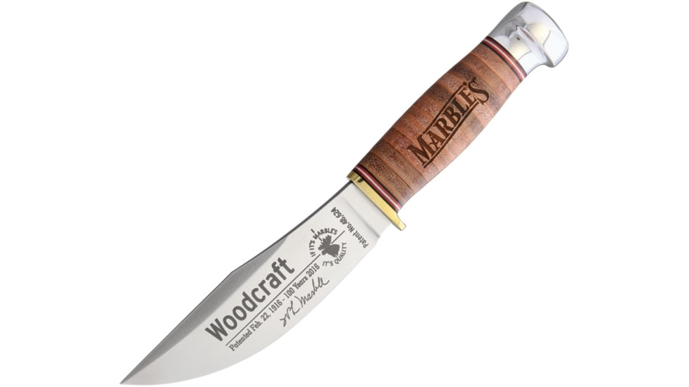 Marbles 100th Anniversary Woodcraft Knife, 8.38in Overall, 4.5in Satin SS Blade, Stacked Leather Handle, Brass Guard, Woodcraft Signature Blade Etch, Brown Leather Sheath, MR423ES