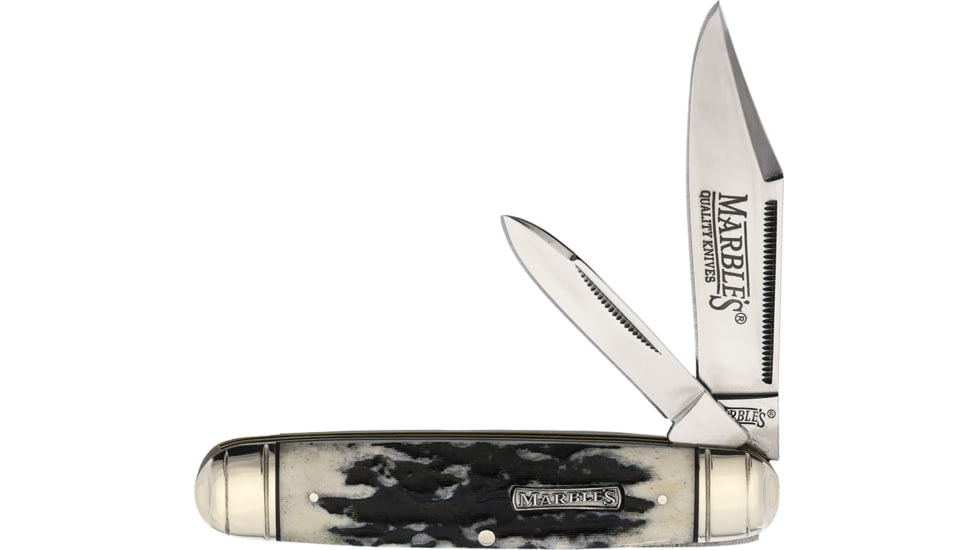 Marbles Cattleman Black Stag Bone Folding Knife, Mirror finish stainless clip and pen blades, Black stag bone handle, KB267 / MR475