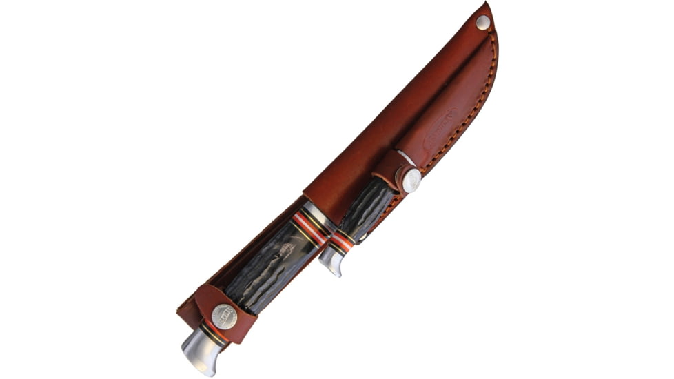 Marbles Combo Knife, Damascus Steel Blade, Jigged Horn Handle, 10.25in Overall Fixed w/ 5in Blade And 6.25in Overall Fixed w/ 3in Blade, Brown Leather Sheath, MR455/ EG-736