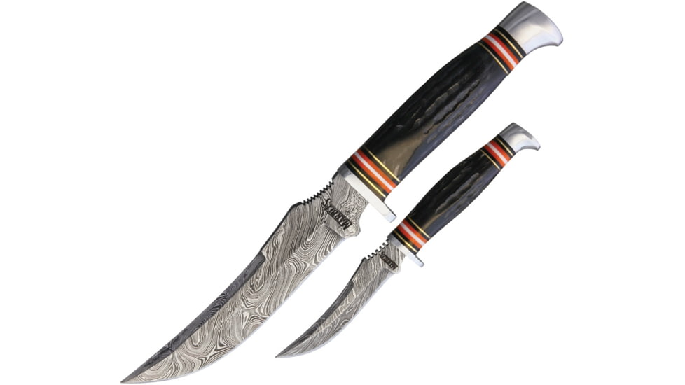 Marbles Combo Knife, Damascus Steel Blade, Jigged Horn Handle, 10.25in Overall Fixed w/ 5in Blade And 6.25in Overall Fixed w/ 3in Blade, Brown Leather Sheath, MR455/ EG-736