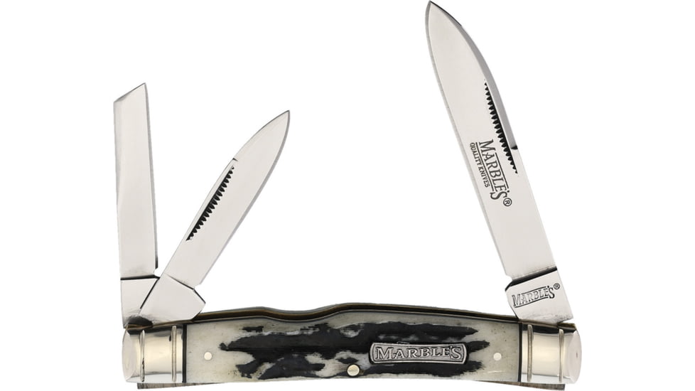 Marbles Congress Whittler Black Stag Folding Knife, Mirror finish stainless spear, pen, and coping bla, Black stag bone handle, KB320 / MR480