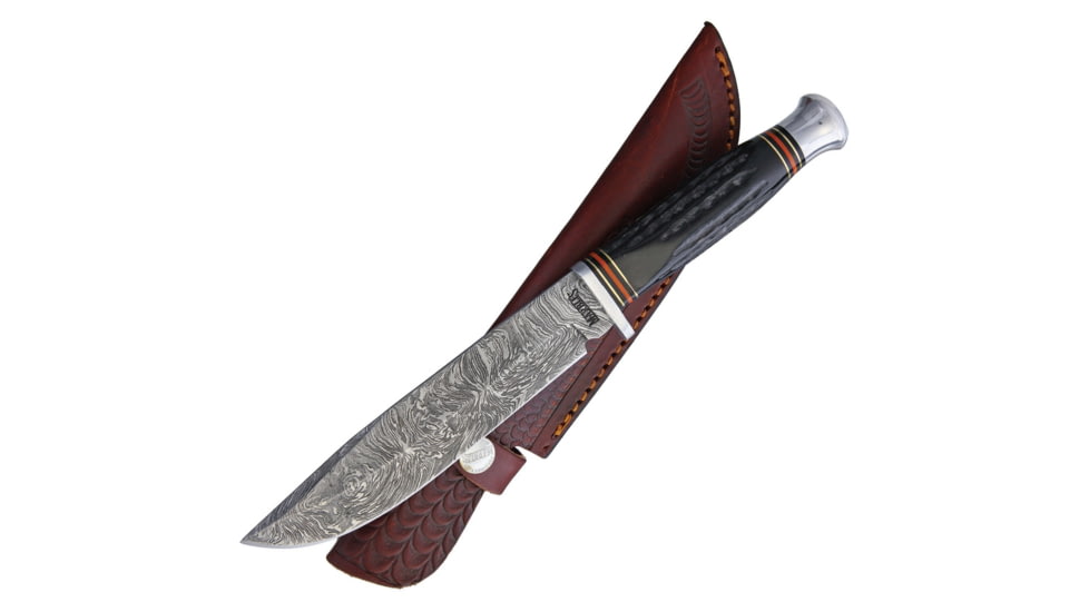 Marbles Damascus Bowie Horn Knife, 10.75in Overall, 6in Damascus Steel Blade, Jigged Horn, MR457 /EG-738