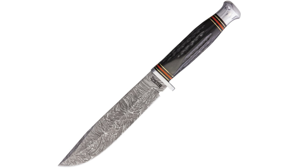 Marbles Damascus Bowie Horn Knife, 10.75in Overall, 6in Damascus Steel Blade, Jigged Horn, MR457 /EG-738
