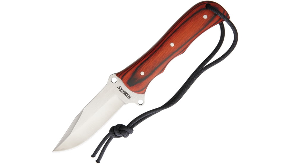 Marbles Fixed Blade Knife, 8in Overall, 3.5in Satin SS Clip Point Blade, Pakkawood Handle, Dual Lashing Holes, Brown Leather Belt Sheath, BS110179 / MR413
