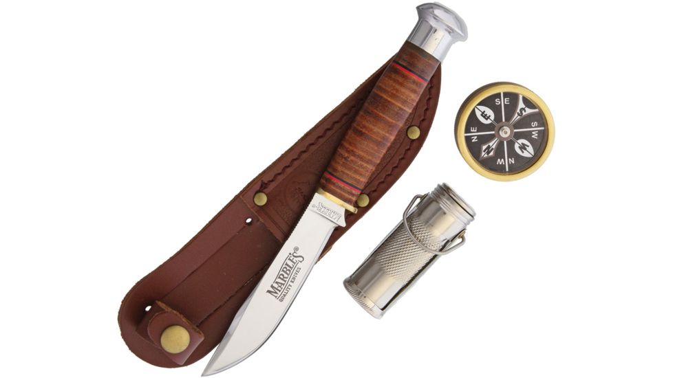 Marbles Fixed Blade Knife Gift Set,4in,Stainless Steel Mirror Polish Blade,Stacked Leather Handle, KE13 +COMPASS+MATCH SAFE