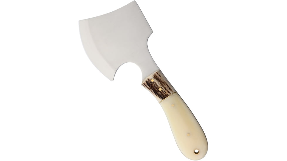 Marbles Hatchet Smooth Bone Handle, 8in Overall, 3in Cutting Edge, White Smooth Bone Handle, Stag Bone Guard, Brown Leather Sheath, White, SO- MR826