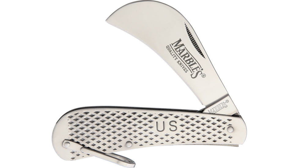 Marbles Hawkbill Folding Knife, 2.75in Mirror SS Hawkbill Blade, Textured SS Handle, Bail, KB117-MR409