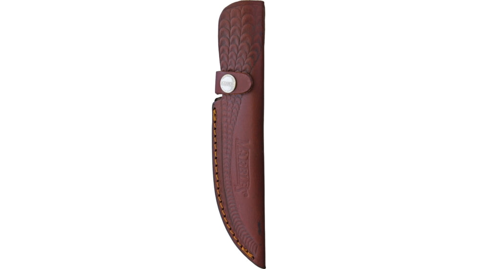 Marbles Horn Damascus Knife, 9in Overall, 4.5in Damascus Steel Blade, Jigged Horn Handle, Brown Leather Sheath, MR460 / EG-741