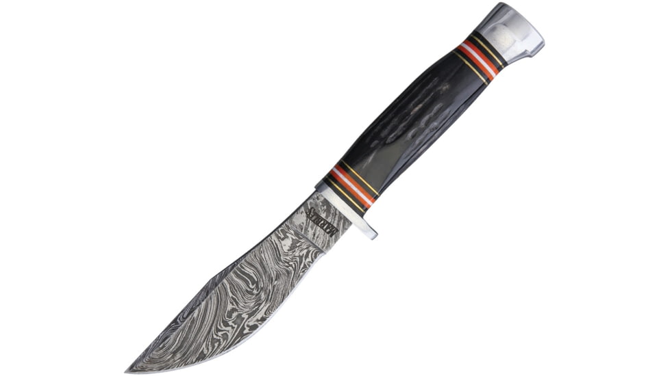 Marbles Horn Damascus Knife, 9in Overall, 4.5in Damascus Steel Blade, Jigged Horn Handle, Brown Leather Sheath, MR460 / EG-741