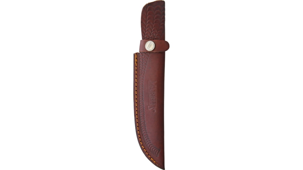 Marbles Hunter Horn Handle Knife, 10.5in Overall, 5.75in Satin SS Clip Point Blade, Jigged Horn Handle, Brown Leather Sheath, MR448 /EG-713