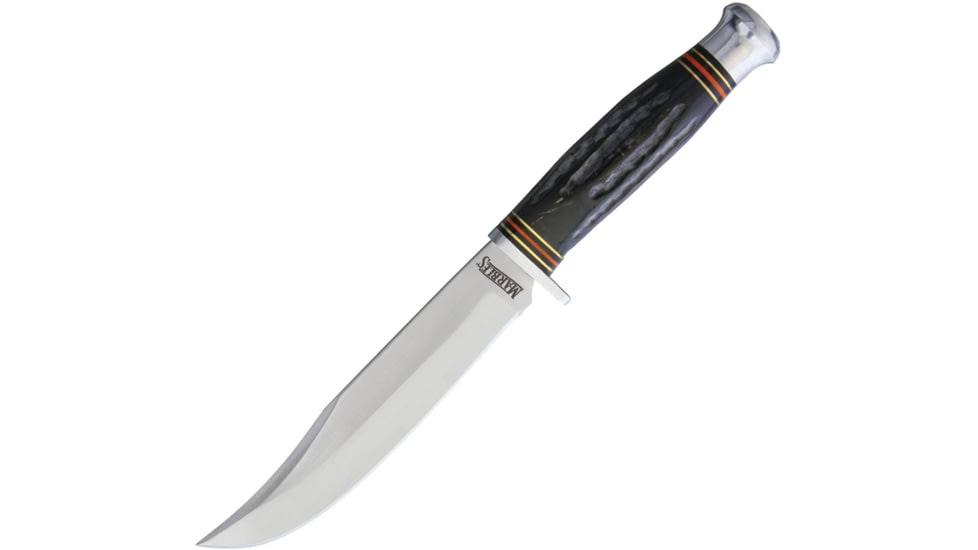 Marbles Hunter Horn Handle Knife, 10.5in Overall, 5.75in Satin SS Clip Point Blade, Jigged Horn Handle, Brown Leather Sheath, MR448 /EG-713