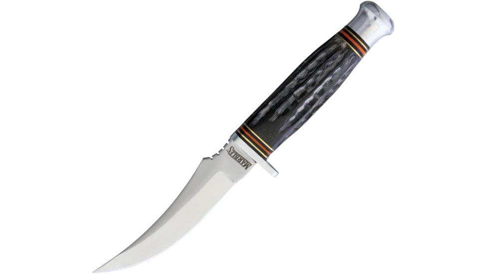 Marbles Hunter Horn Handle Knife, 9in Overall, 4.5in Satin SS Upswept Skinner Blade, Jigged Horn Handle, Brown Leather Sheath, MR450 / EG-711