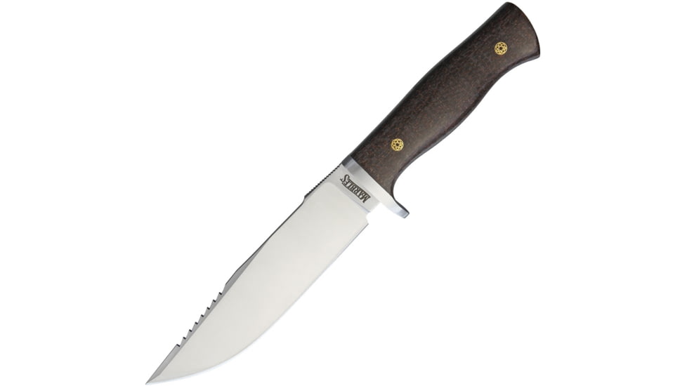 Marbles Knife, 10.63in Overall, 6in Satin 7Cr17Mov SS Blade, Brown Micarta Handle, SS Guard, Sawback Blade, Brown Leather Sheath, HK8720-120S