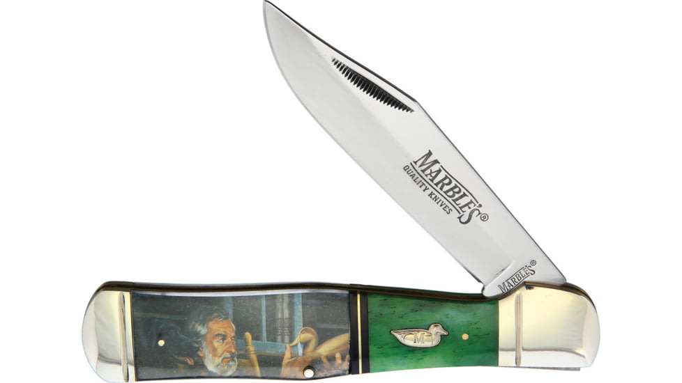 Marbles Mallard Decoy Folder Folding Knife, 4.13 mirror finish stainless clip point blade, Green smooth bone handle with duck decoy artwork u, MR583 MALLARD