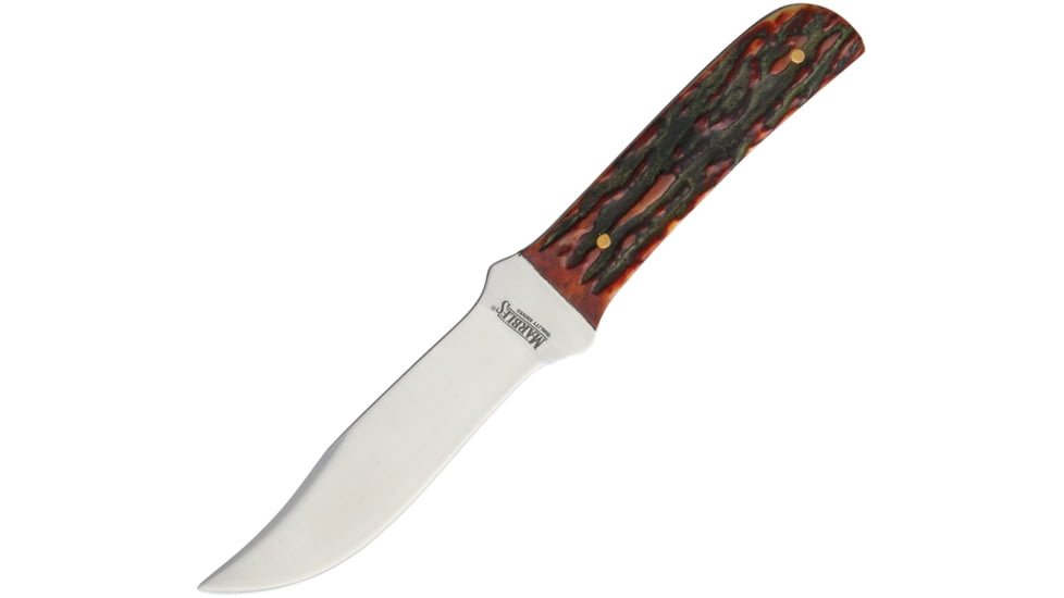 Marbles Outers Knife, 7.5in Overall, 4in Satin SS Clip Point Blade, Stag Bone Handle, Brown Leather Sheath, KE47 /MR403