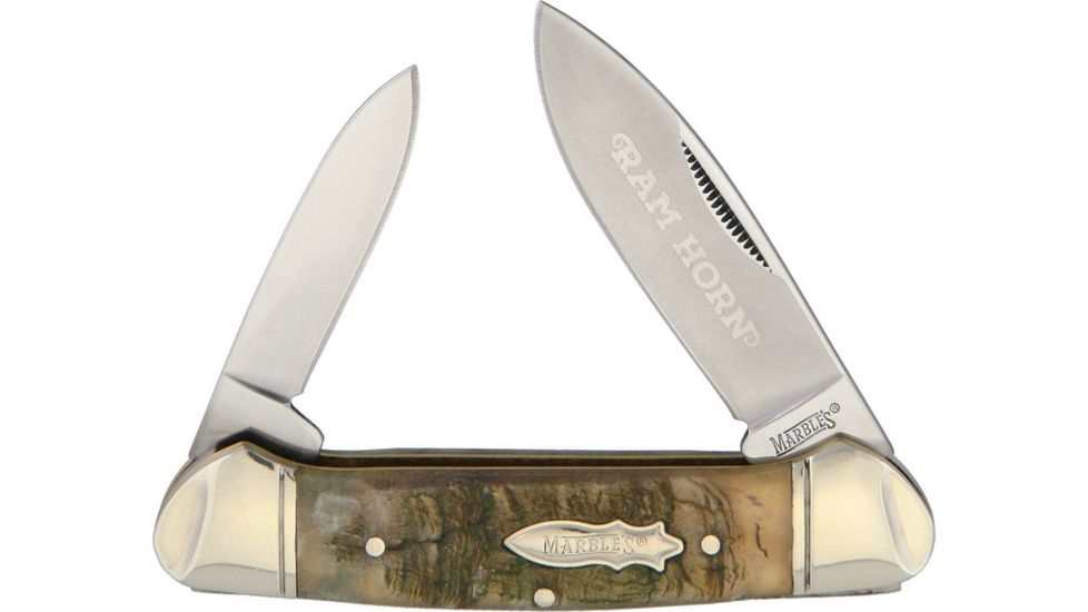 Marbles Ram's Horn Canoe Folding Knife,Stainless Steel,Standard Edge,Mirror Polish,Ram Horn Handle MR360
