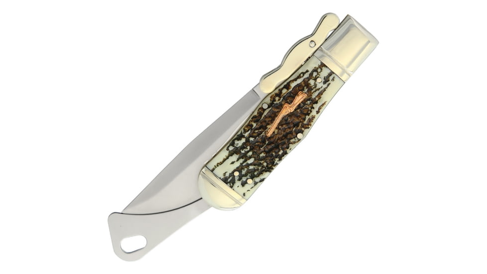 Marbles Safety Folder Imitation Stag Folding Knife, 4.5in Satin SS Drop Point, Imitation Stag Handle, KE04 / MR416 #61 SHIELD