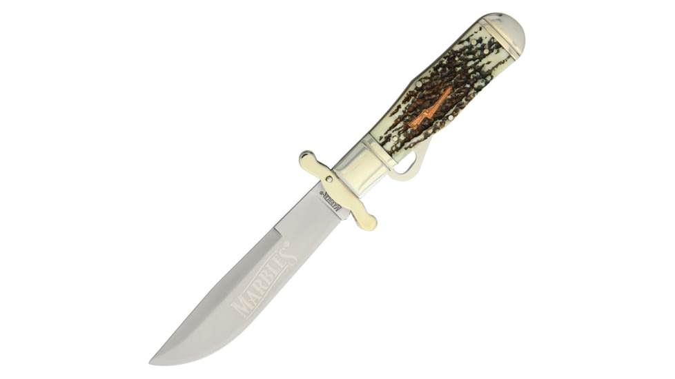 Marbles Safety Folder Imitation Stag Folding Knife, 4.5in Satin SS Drop Point, Imitation Stag Handle, KE04 / MR416 #61 SHIELD