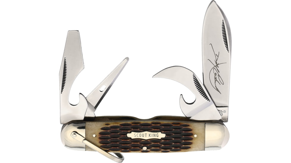 Marbles Scout King Dave Canterbury Folding Knife, Mirror finish stainless spear blade, can opener, b, Brown jigged bone handle, KB416-4.25
