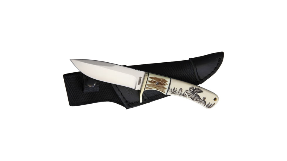 Marbles Scrimshaw Fixed Blade Knife, 7.25in Overall, 3.25in Satin SS Blade, Brass Guard, White Smooth And Stag Bone Handle With Scrimshawed Moose Artwork, Black Nylon Belt Sheath, BZ011162