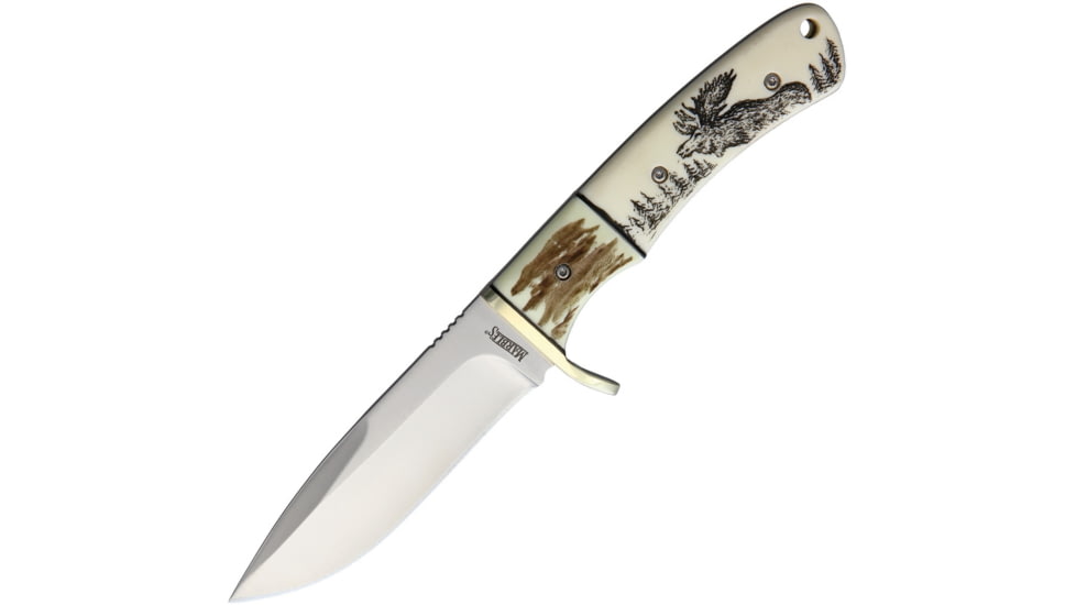Marbles Scrimshaw Fixed Blade Knife, 7.25in Overall, 3.25in Satin SS Blade, Brass Guard, White Smooth And Stag Bone Handle With Scrimshawed Moose Artwork, Black Nylon Belt Sheath, BZ011162