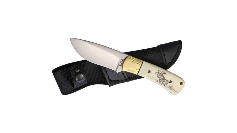 Marbles Scrimshaw Fixed Blade Knife, 7.25in Overall, 3.25in Satin SS Blade, White Smooth Bone Handle, Brass Guard, Scrimshawed Moose Artwork On Handle, Black Nylon Belt Sheath, White, BZ011160