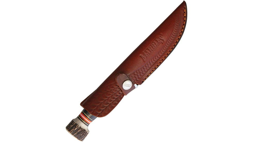 Marbles Skinner Knife, 8.63in Overall, 4in Damascus Steel Skinner Blade, Jigged Horn Handle, SS Guard And Stag Pommel, Brown Leather Sheath, MR463 / EG-753