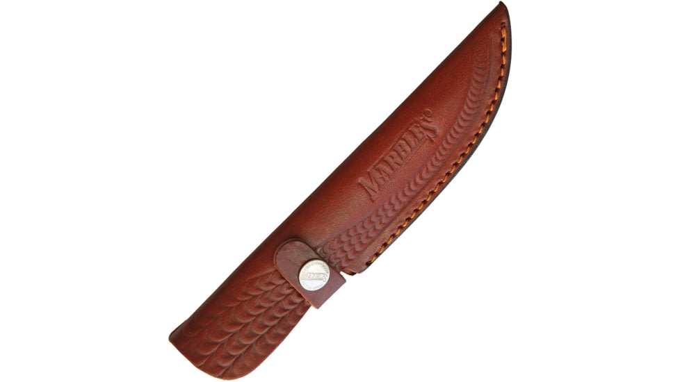 Marbles Skinner Knife, 8.63in Overall, 4in Damascus Steel Skinner Blade, Jigged Horn Handle, SS Guard And Stag Pommel, Brown Leather Sheath, MR463 / EG-753