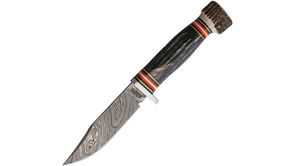 Marbles Skinner Knife, 8.63in Overall, 4in Damascus Steel Skinner Blade, Jigged Horn Handle, SS Guard And Stag Pommel, Brown Leather Sheath, MR463 / EG-753