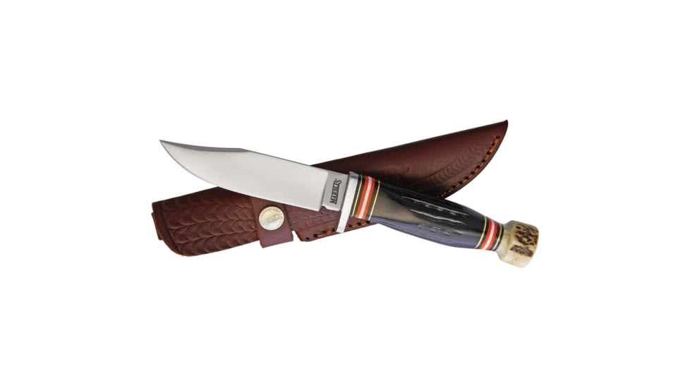 Marbles Skinner Knife, 9in Overall, 4.25in Satin SS Skinner Blade, Aluminum Guard, Jigged Horn And Stag Bone Handle, Brown Leather Sheath, MR462 / EG-745