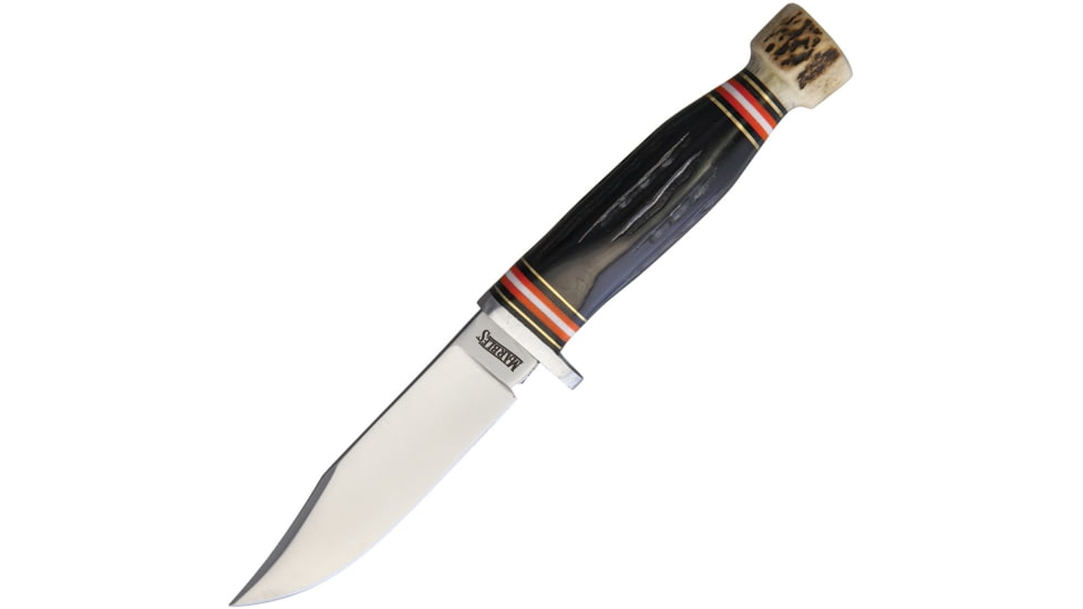 Marbles Skinner Knife, 9in Overall, 4.25in Satin SS Skinner Blade, Aluminum Guard, Jigged Horn And Stag Bone Handle, Brown Leather Sheath, MR462 / EG-745