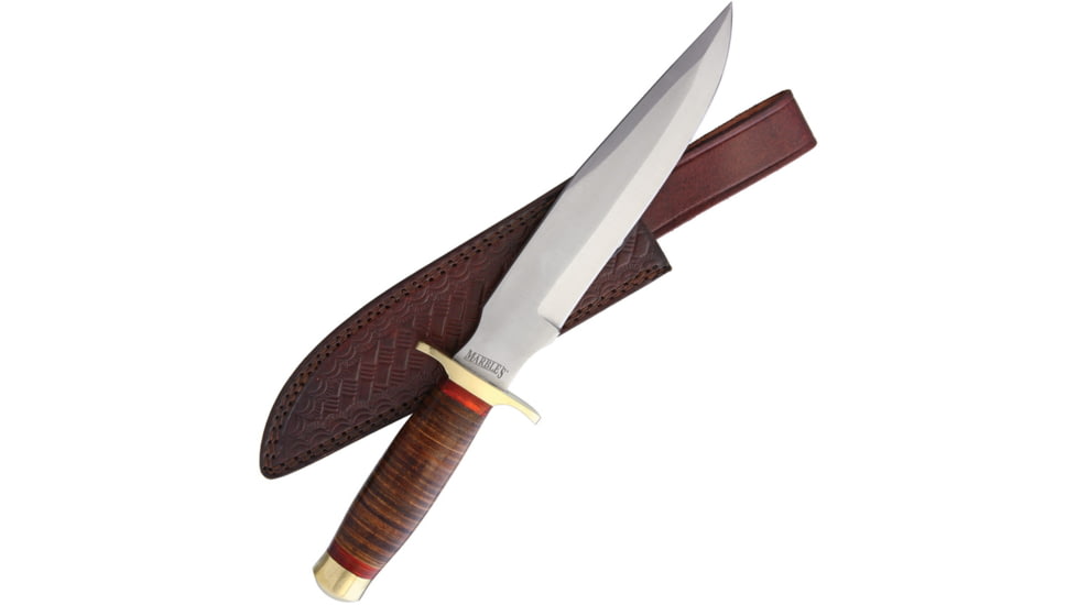 Marbles Stacked Leather Bowie Knife, 9 satin finish stainless clip point blade, Stacked leather handle, MR577 HHH-SEP-1
