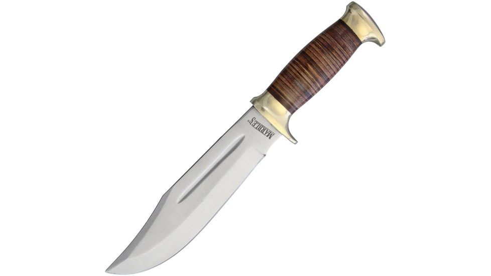 Marbles Stacked Leather Hunter Knife, 11.5in Overall, 7in Satin SS Clip Point Blade, Stacked Leather Handle, Brass Guard, Brown Leather Sheath, MR556 / SM1085