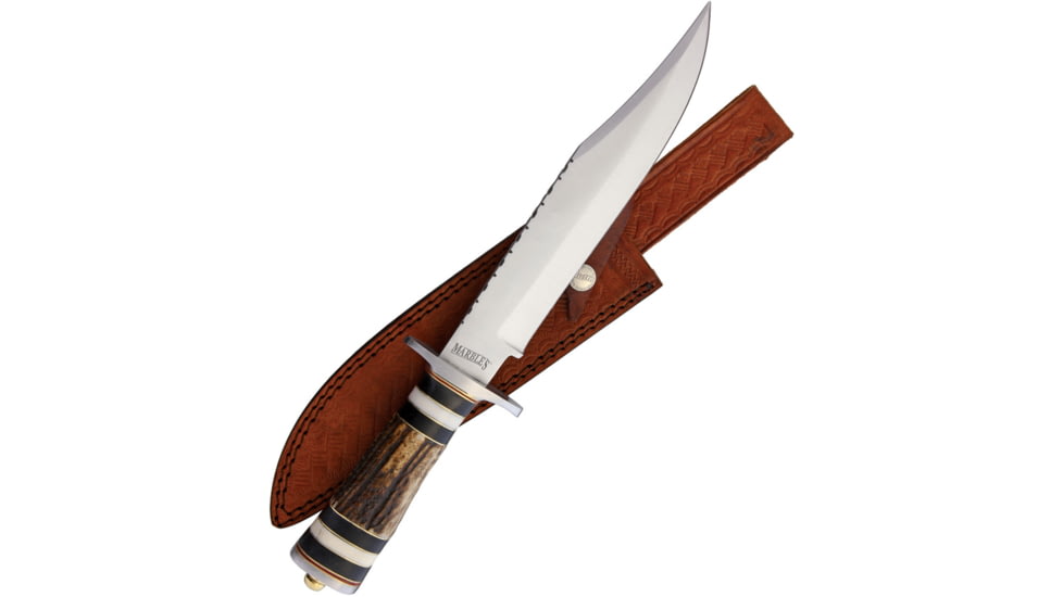 Marbles Stag Bowie Knife, 8.75 satin finish stainless clip point blade, Stag, black and white bone handle, # 5 STAINLESS / MR572