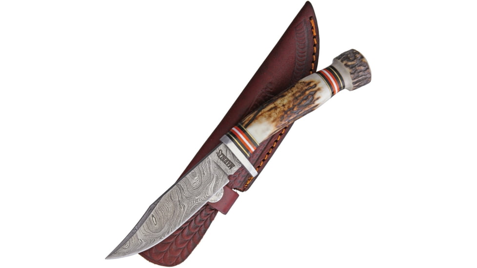 Marbles Stag Damascus Skinner Knife, 9in Overall, 4.5in Damascus Steel Blade, Stag Bone Handle, SS Guard, Brown Leather Sheath, MR459 / EG-740