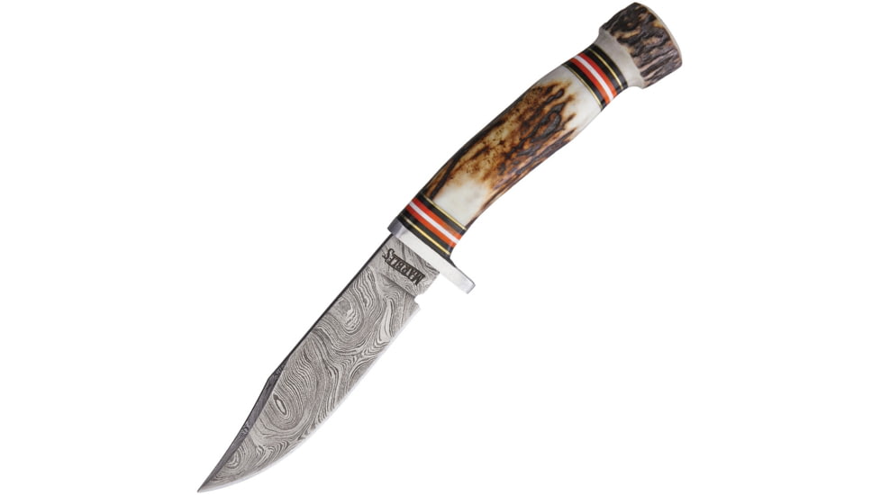 Marbles Stag Damascus Skinner Knife, 9in Overall, 4.5in Damascus Steel Blade, Stag Bone Handle, SS Guard, Brown Leather Sheath, MR459 / EG-740