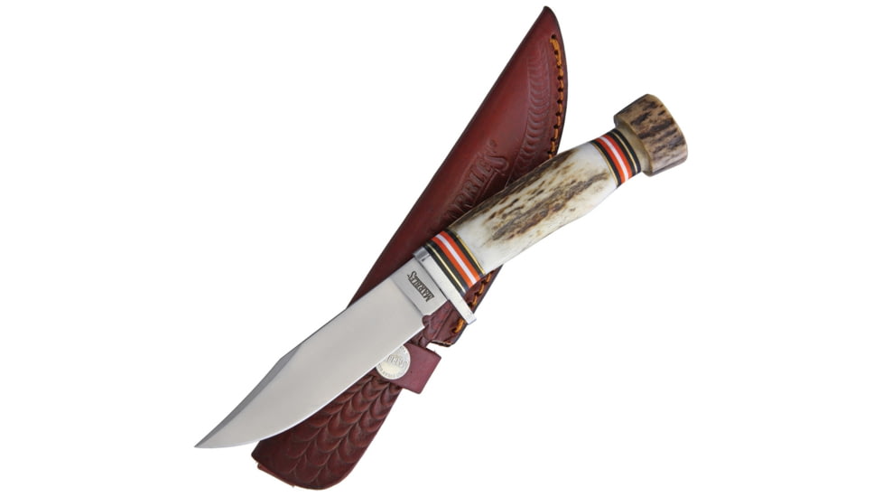 Marbles Stag Skinner SS Knife, 8.75in Overall, 4.25in Satin SS Clip Point Blade, Stag Bone Handle, SS Guard, Brown Leather Sheath, MR458 / EG-739