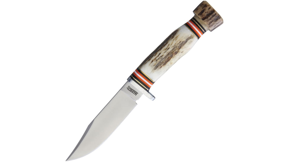 Marbles Stag Skinner SS Knife, 8.75in Overall, 4.25in Satin SS Clip Point Blade, Stag Bone Handle, SS Guard, Brown Leather Sheath, MR458 / EG-739